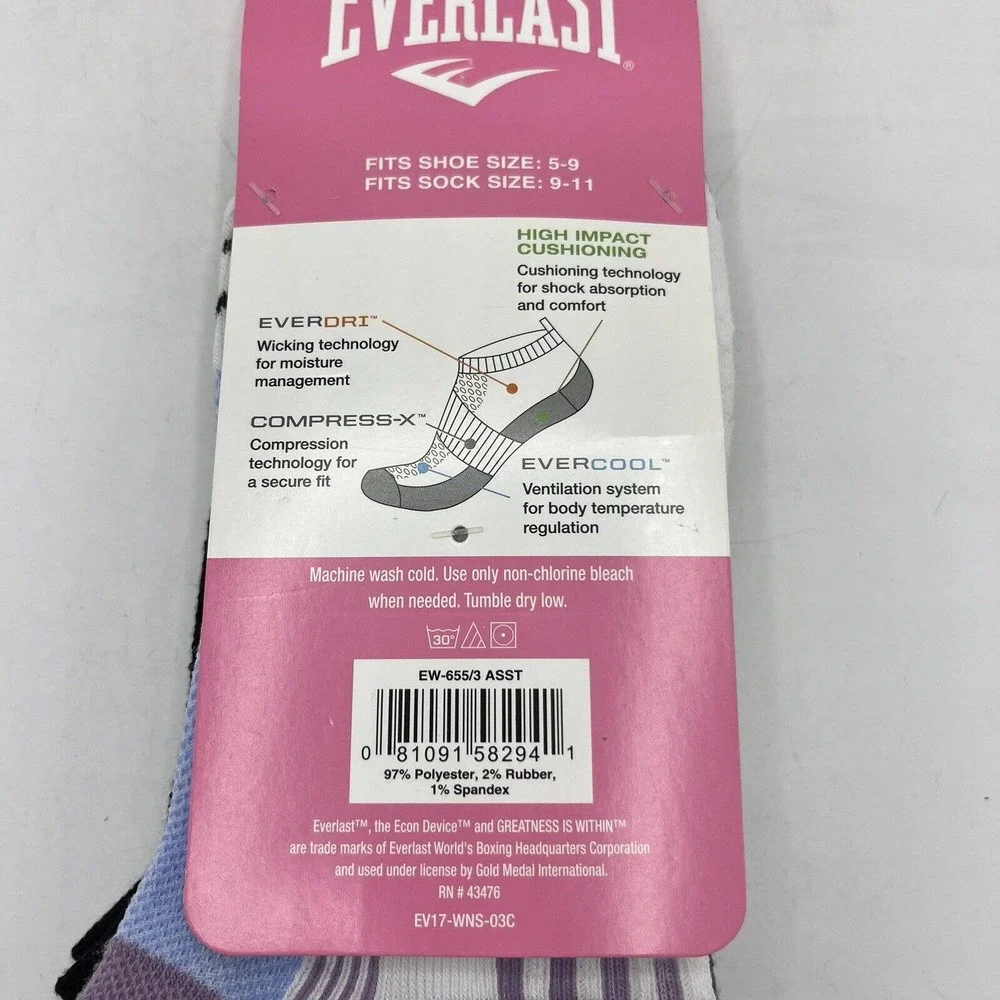 Everlast‎ Socks Womens Shoe Size 5 - 9 1/2 Cushion No Show Socks 3 Pair